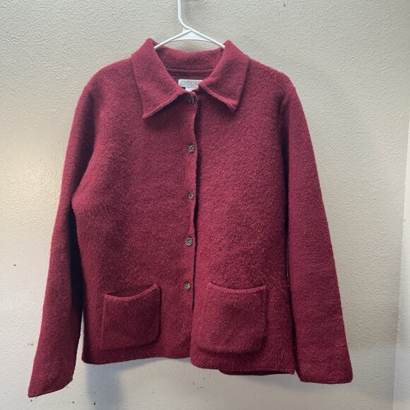 Vintage 90s Cherokee Red 100% Wool Coat Holiday Christmas Chunky Knit Button Up - Picture 1 of 5